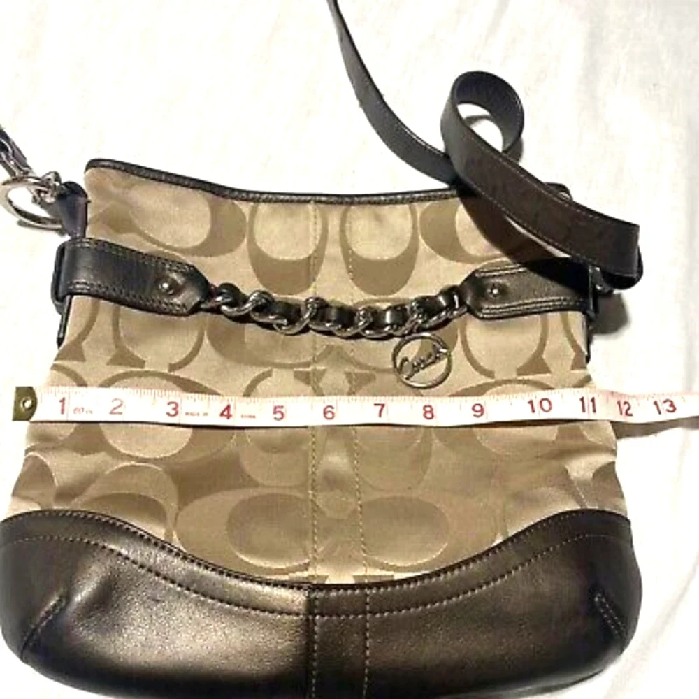 Coach F19730 Khaki Signature Optic Metallic Leather Chain Crossbody Bag Purse.